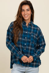 Navy Plaid Fringe Hem Shirt