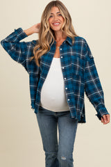 Navy Plaid Fringe Hem Maternity Shirt