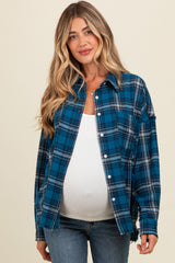 Navy Plaid Fringe Hem Maternity Shirt