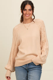 Beige Contrast Cable Knit Sleeve Sweater