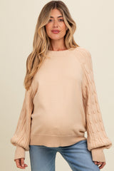 Beige Contrast Cable Knit Sleeve Maternity Sweater