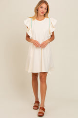 Cream Embroidered Ruffle Sleeve Dress