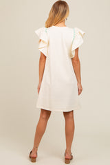 Cream Embroidered Ruffle Sleeve Dress