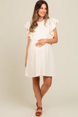 Cream Embroidered Ruffle Sleeve Maternity Dress