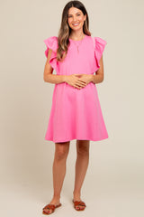 Pink Embroidered Ruffle Sleeve Maternity Dress