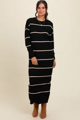 Black Striped Knit Drop Shoulder Maternity Midi Dress