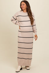 Beige Striped Knit Drop Shoulder Maternity Midi Dress