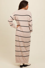 Beige Striped Knit Drop Shoulder Maternity Midi Dress