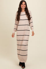 Beige Striped Knit Drop Shoulder Midi Dress