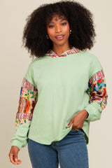 Mint Green Contrast Print Sleeve Hooded Top