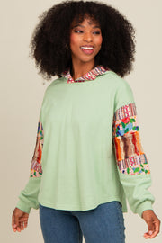 Mint Green Contrast Print Sleeve Hooded Top