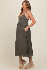 Olive Button Accent Maternity Midi Dress