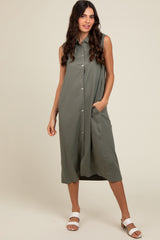 Olive Linen Button Down Maternity Midi Dress