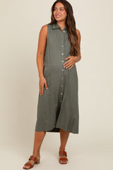 Olive Linen Button Down Maternity Midi Dress