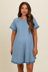 Light Blue Heather Ribbed Cut Seam Maternity Dress