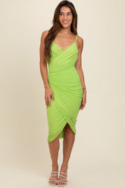 Lime Ruched Mesh Fitted Tulip Hem Dress