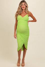 Lime Ruched Mesh Fitted Maternity Tulip Hem Dress