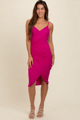 Fuchsia Ruched Mesh Fitted Maternity Tulip Hem Dress