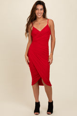 Red Ruched Mesh Fitted Tulip Hem Dress