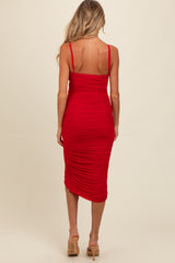 Red Ruched Mesh Fitted Maternity Tulip Hem Dress