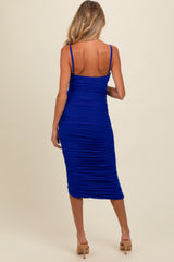 Royal Blue Ruched Mesh Fitted Maternity Tulip Hem Dress