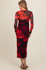 Burgundy Abstract Print Mesh Maternity Maxi Dress