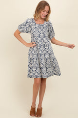 Navy Jacquard Damask Print Maternity Dress