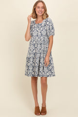 Navy Jacquard Damask Print Dress