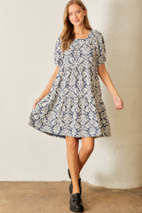 Navy Jacquard Damask Print Dress