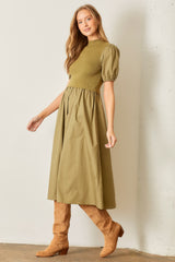 Olive Contrast Knit Bodice Midi Dress