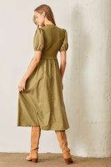 Olive Contrast Knit Bodice Midi Dress