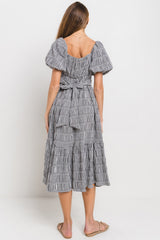 Black Gingham Square Neck Puff Sleeve Dress