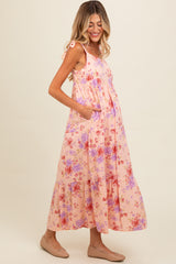 Peach Floral Tie Strap Maternity Maxi Dress