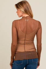 Brown Polka Dot Mesh Long Sleeve Maternity Top