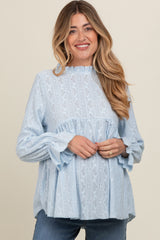 Light Blue Lace Ruffled Neck Maternity Top