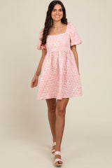 Blush Floral Embossed Puff Sleeve Maternity Dress