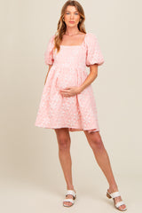 Blush Floral Embossed Puff Sleeve Maternity Dress