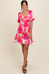 Fuchsia Floral Puff Sleeve Maternity Dress