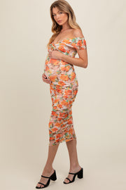 Orange Floral Off Shoulder Ruched Maternity Midi Dress