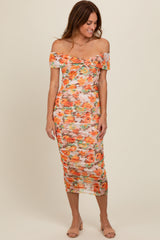 Orange Floral Off Shoulder Ruched Midi Dress