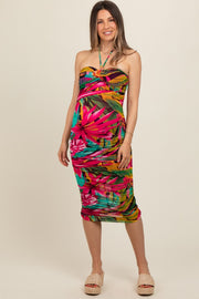 Fuchsia Tropical Halter Maternity Fitted Midi Dress