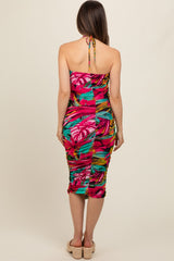 Fuchsia Tropical Halter Maternity Fitted Midi Dress