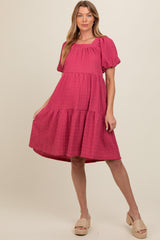 Pink Textured Tiered Puff Sleeve Maternity Dress