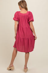 Pink Textured Tiered Puff Sleeve Maternity Dress