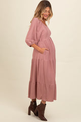 Mauve Embroidered Tiered Maternity Midi Dress