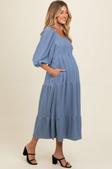 Blue Embroidered Tiered Maternity Midi Dress