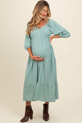 Light Olive Embroidered Tiered Maternity Midi Dress