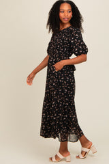 Black Floral Smocked Sash Tie Midi Dress