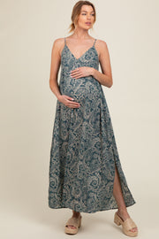 Teal Paisley Babydoll Cami Strap Maternity Maxi Dress