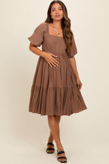 Brown Square Neck Puff Sleeve Maternity Dress